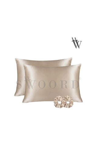 Swoord İpek Dokulu Saten Yastık Kılıfı Bej 2 Adet 50x70cm 2 Adet Saten Tokalı Bej