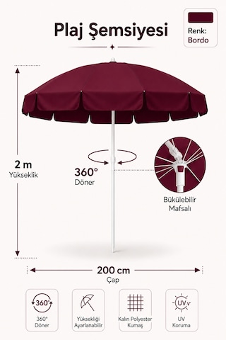 Bordo Plaj Şemsiyesi 200 Cm Çap /10 Telli, Polyester Kumaş Bordo