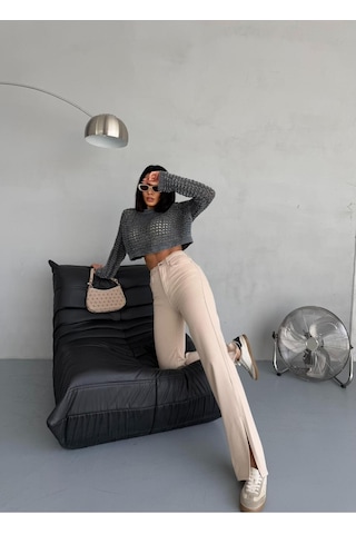 Bej Denım Kumaş Yırtmaç Detaylı Wide-leg Pantolon Bej