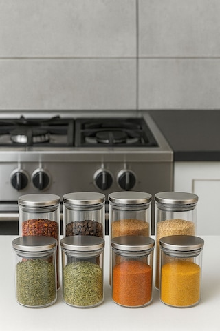 8 Lı Baharatlık Setı 70 X 100-70 X 160 Metal Kapak-cam Baharatlık-borosilikat Beyaz