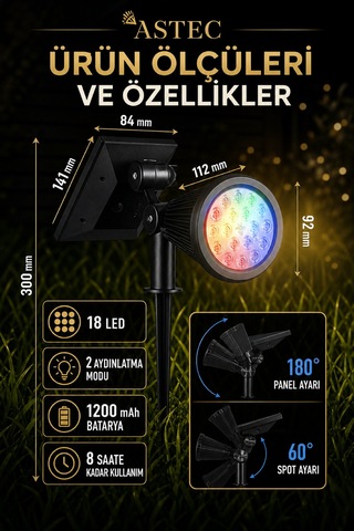 Astec Solar Güneş Enerjili Rgb Kazıklı Bahçe Aydınlatma Lambası 18w Dış Mekân Led Spot Çok Renkli