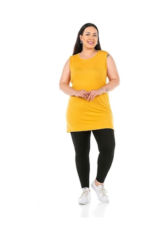 Disentis Büyük Beden Yuvarlak Yaka Kalın Askılı Viskon Uzun Hardal Body