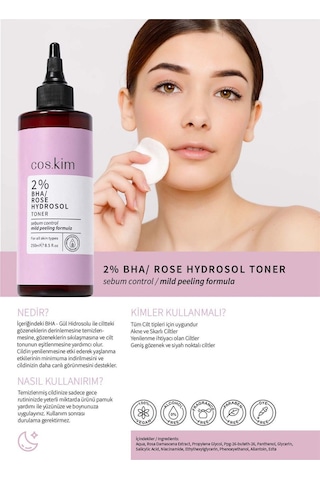 %2 Bha Gül Hidrosol Tonik 250 Ml Gözenek Sıkılaştırıcı, Akne Ve Siyah Nokta Karşıtı Yağ Dengeleyici