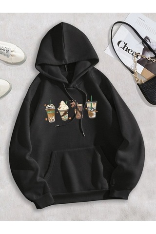 Clayes Coffe Sweatshirt - Siyah Baskılı Oversize Kapüşonlu Siyah