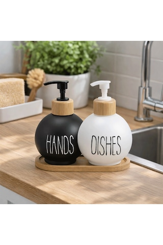 Bambu Stantlı Top Model Cam Sabunluk, Hands & Dishes 500 Ml Sıvı Sabunluk Seti Siyah-beyaz