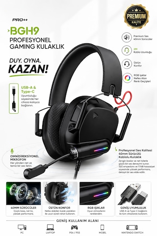 Rgb Işıklı Gaming Kulaklık 40mm Sürücü Omnidirectional Mikrofon 2m Kablo Usb-type-c Girişli
