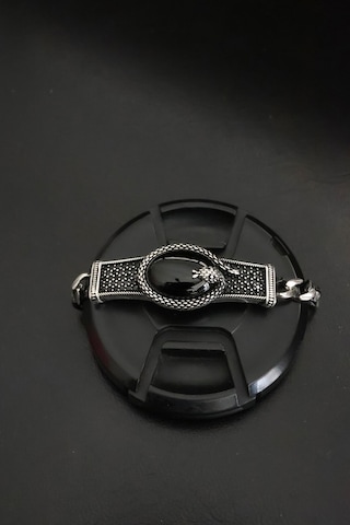 Encili Silver 925 Ayar Gümüş Yılan Desenli Siyah Taşlı Model Erkek Bileklik Gümüş