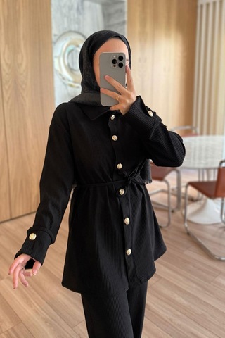 Gold Düğme Detaylı Fitilli Takım - Siyah Siyah