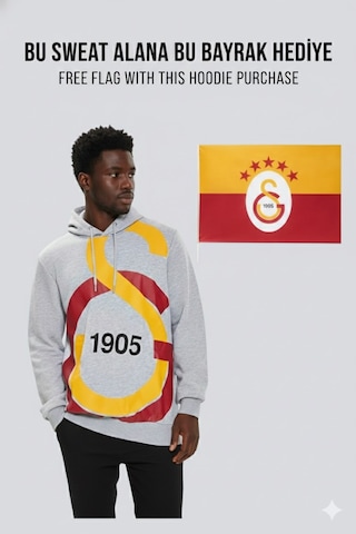 Galatasaray Büyük Logolu Gri Sweatshirt Bayrak Hediyeli Gri