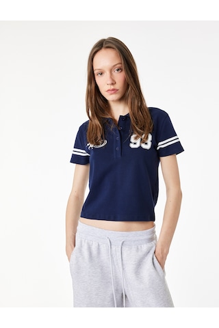 Koton Regular Fit Düğmeli Kısa Kollu Kolej Baskılı Polo Yaka Tişört Lacivert 6sal10705ık