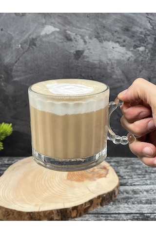 6 Lı Cam Boncuk Kulplu Bardak Kupa Çay Kahve Meşrubat Bardağı 325