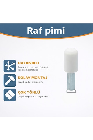 Plastik Başlı Geçmeli Metal Raf Altı Pimi Dolap İçi Raf Tutucu Çivisi Beyaz 50 Adet Beyaz