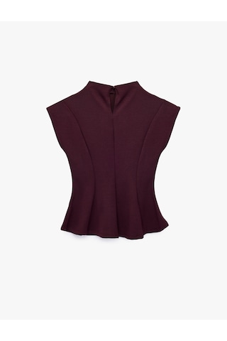 Koton Viskon Karışımlı Slim Fit Kolsuz Dik Yaka Peplum Bluz Bordo 7wak70012uk