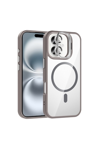 Apple Uyumlu iPhone 16 Plus Kılıf Standlı + Kamera Lens Koruma Setli M-safe Şarj Özellikli Mkst Etro Siyah Siyah