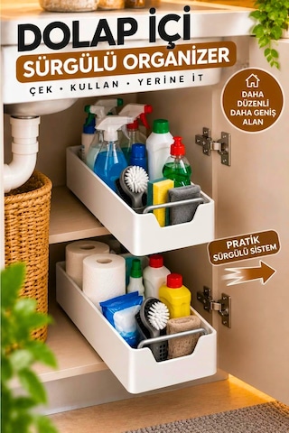 Çok Amaçlı Raylı Dolap İçi Çekmece Organizer Sürgülü Mutfak Banyo Kiler Düzenleyici Organizer Beyaz
