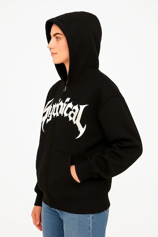 Kadın Oversize Kapüşonlu Sweatshirt Hoodie 3 İplik Şardonlu Pamuklu Kumaş, Önü Baskılı, Fermuarlı R Siyah