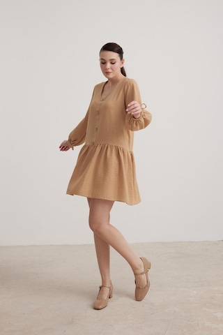 Vos Versa Kadın Kol Bağlama Detaylı Keten Camel Elbise Vvk7260-420-camel
