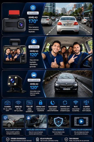 3 Kameralı Araç İçi Kamera Seti 1080p Full Hd Wi-fi Gece Görüşlü Geri Görüş Kameralı Viidure Mobil Uygulama Destekli