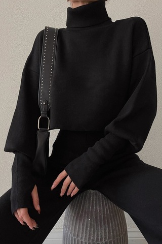 Cıqulata Triko Crop Pantolon Takım Siyah Siyah