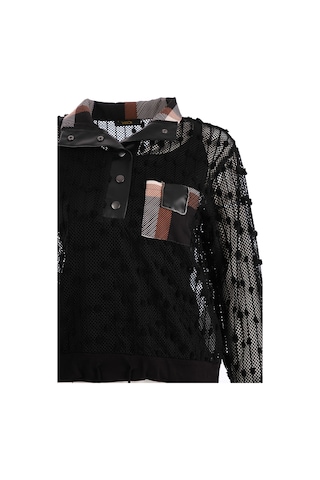 Vedi Oversize Uzun Kol Minimalist File Detaylı Kadın Bluz Siyah
