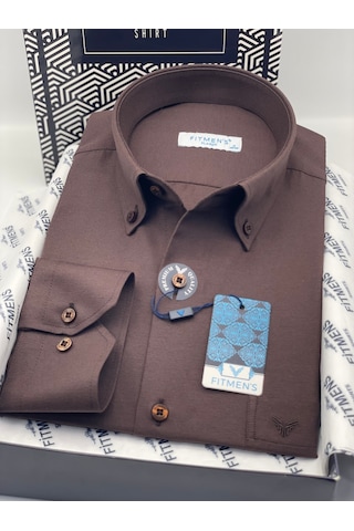 Klasik Uzun Kol Pamuklu Yaka Düğmeli Hediye Kutulu Kolay Ütülenebilir Erkek Gömlek Fs-003897 - Koyu Kahve-3373