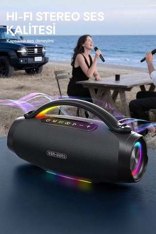 Ven-dens Vd-spk026l 240 W Bluetooth 5.3 Taşınabilir Hoparlör, 24000 Mah Batarya, Led Işık, Siyah