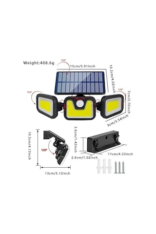 Üçlü Solar Led Projektör Beyaz Işık Sensörlü Dış Mekân Aydınlatma 5468
