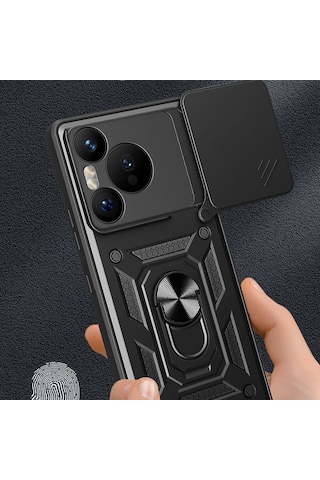 Huawei Pura 70 5g Kılıf Magnetik Standlı Kamera Korumalı Zore Sürgülü Vega Kapak Siyah