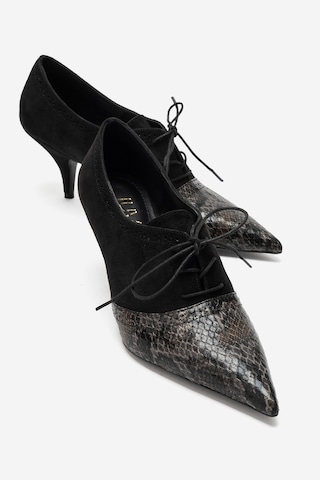 Luvi Shoes Medley Siyah Süet Siyah Desenli Bağcıklı Kadın Topuklu Ayakkabı