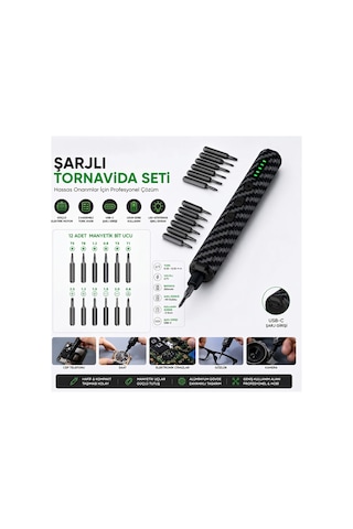 Profesyonel 12 Uçlu Şarjlı Hassas Tamir Tornavida Seti Type-c Elektrikli Mini Tornavida Telefon Saat Gözlük Uyumlu
