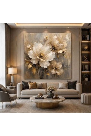 Gold Çiçek Desenli Kare Kanvas Tablo Bej Krem Modern Luxury Salon, Yatak Odası Ve Antre Duvar Dekoru Premium Çerçevesiz Floral Kanvas Tablo