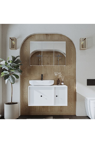 Oval Lavabolu Mat Mdf 90 Cm Alt Banyo Dolabı + Aynalı Dlp Beyaz Mat Beyaz