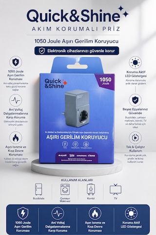 Akım Korumalı Tekli Priz Quick&shine 1050 Joule Aşırı Gerilim Koruyucu Buzdolabı Çamaşır Makinesi Kombi Ve Tv Oyun Konsolu İçin Yüksek Voltaj Ve Yıldırım Koruma 0