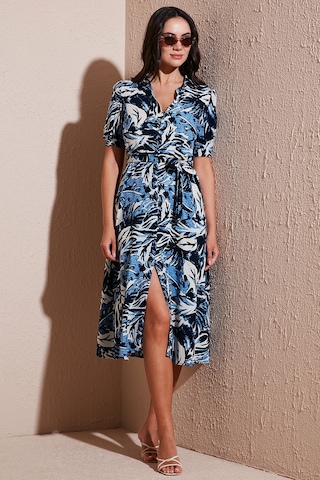 Lela Desenli Relaxed Fit Balon Kol Yırtmaçlı Kemerli Midi Boy Bayan Elbise 67810558 Saks