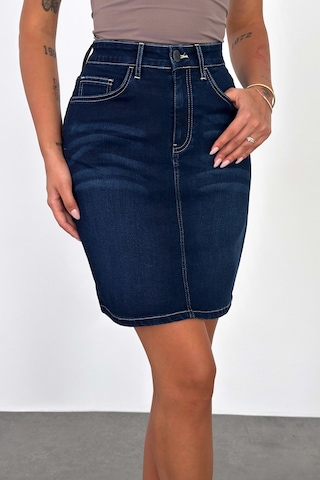 HLT Jeans Blue Black Kadın Regular Fit Yüksek Bel Orta Boy Denim Kot Etek Alice-4010 Mavi - Siyah