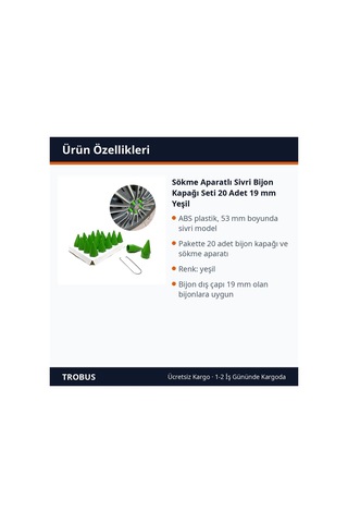 Trobus Sökme Aparatlı Sivri Bijon Kapağı Seti 20 Adet 19 Mm Yeşil