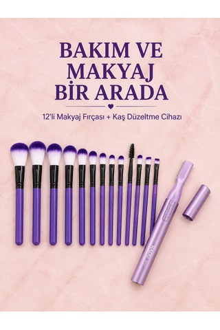 12 Li Mor Makyaj Fırça Seti Ve Kaş Düzeltme Cihazı Kadın Makyaj Ve Kişisel Bakım Seti - Lisinya