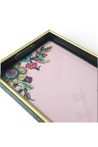 Sudedi Home Pembe Zeminli Çiçek Desenli Altın Çerçeveli Melamin Sunum Tepsisi 31x46 Cm Pembe