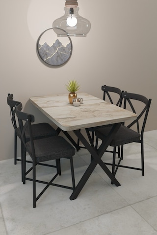 Modern Yemek Masası Takımı 70x110 Cm Oval Mutfak Masası & 4 Adet Tonet Model Kumaş Döşemeli Sandalye Krem