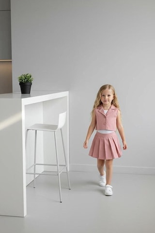 Bubiee Baby Kız Çocuk Askılı Bluzlu Pembe Crop Yelekli Ve Pileli Etekli Alt Üst Takım 3'lü -şık Bayramlık Set