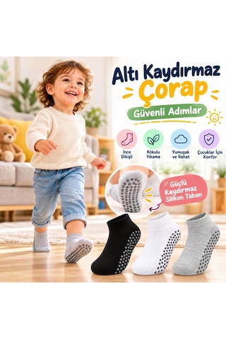 Woman And Kids Wak Çocuk Kaydırmaz Tabanlı Patik Çorap 6'lı Set Siyah Beyaz Gri Yumuşak Esnek Kokulu Günlük Çorap Rahat Çok Renkli