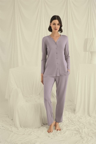 İkikareshop Uzun Kollu Düğmeli V Yaka Pijama Takımı Çok Renkli