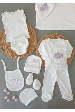 Ponpon Baby Kral Taçlı Desenli 10 Lu Hastane Cıkışı Seti Beyaz - Pembe
