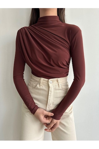 Kadın Büzgü Detaylı Dik Yaka Sandy Bluz Kahverengi