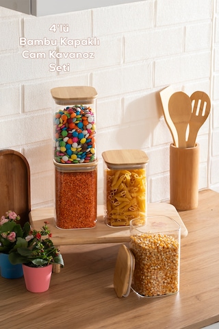 Porsima 6-4 Bambu Vakumlu Kapaklı Kare Borsilikat Cam 4lü Kavanoz Seti Saklama Kabı 1250ml 9,5x15cm