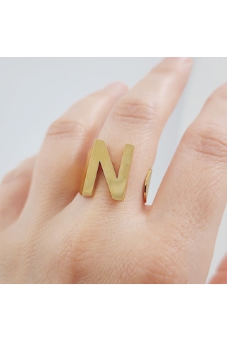 Çelik Gold Düz Kesim Harf Yüzük -n Harfi- Ayarlı Ölçü-1898 Altın