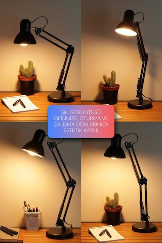 Akrobat Masa Lambası Yaylı Metal 360 Ayarlanabilir Çalışma Okuma Lambası Siyah Siyah