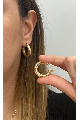 Altın Nesil - 14 Ayar Altın Çizgi Detaylı Orta Halka Küpe Altın - Beyaz Altın