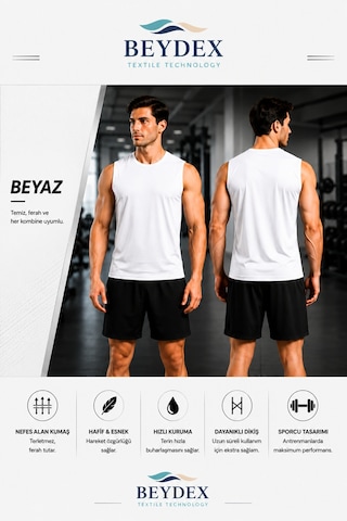 Beydex Erkek Nem Emici Hızlı Kuruma Atletik Teknik Sporcu Sıfır Kol T-shirt Gym Beyaz