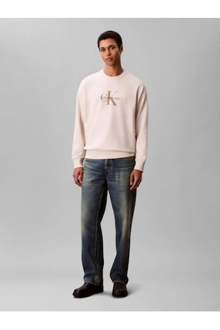 Calvin Klein Jeans Uzun Kollu 350gr Penye Monologolu Bisiklet Yaka Erkek Beyaz Sweatshirt Lv04rd242g Beyaz